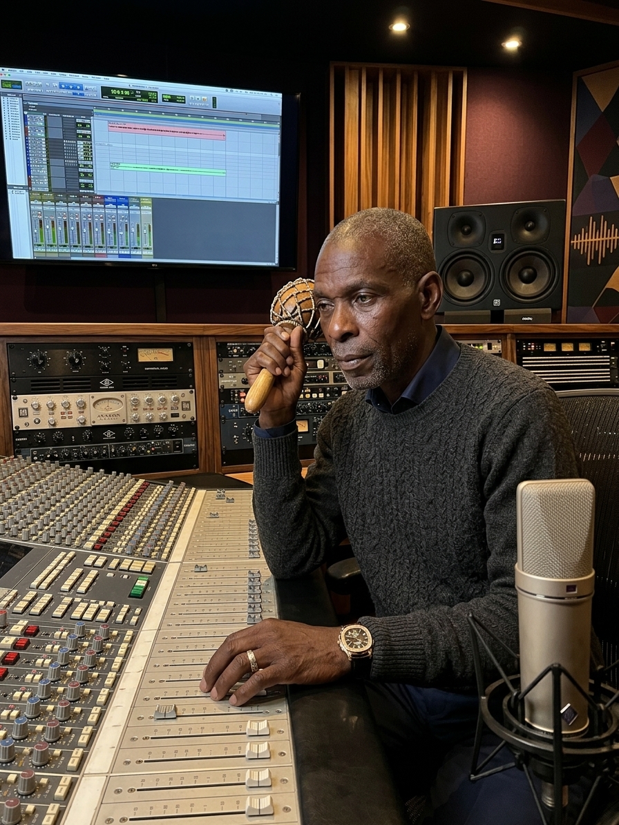 Sekuru Evason Gore in the recording studio, hosho in hand